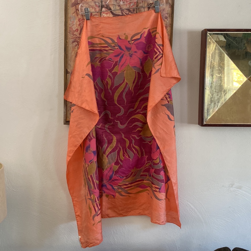 Vintage 70s 80s Retro Silk Scarf Silk Printed Scarf 100 Thai Silk Coral